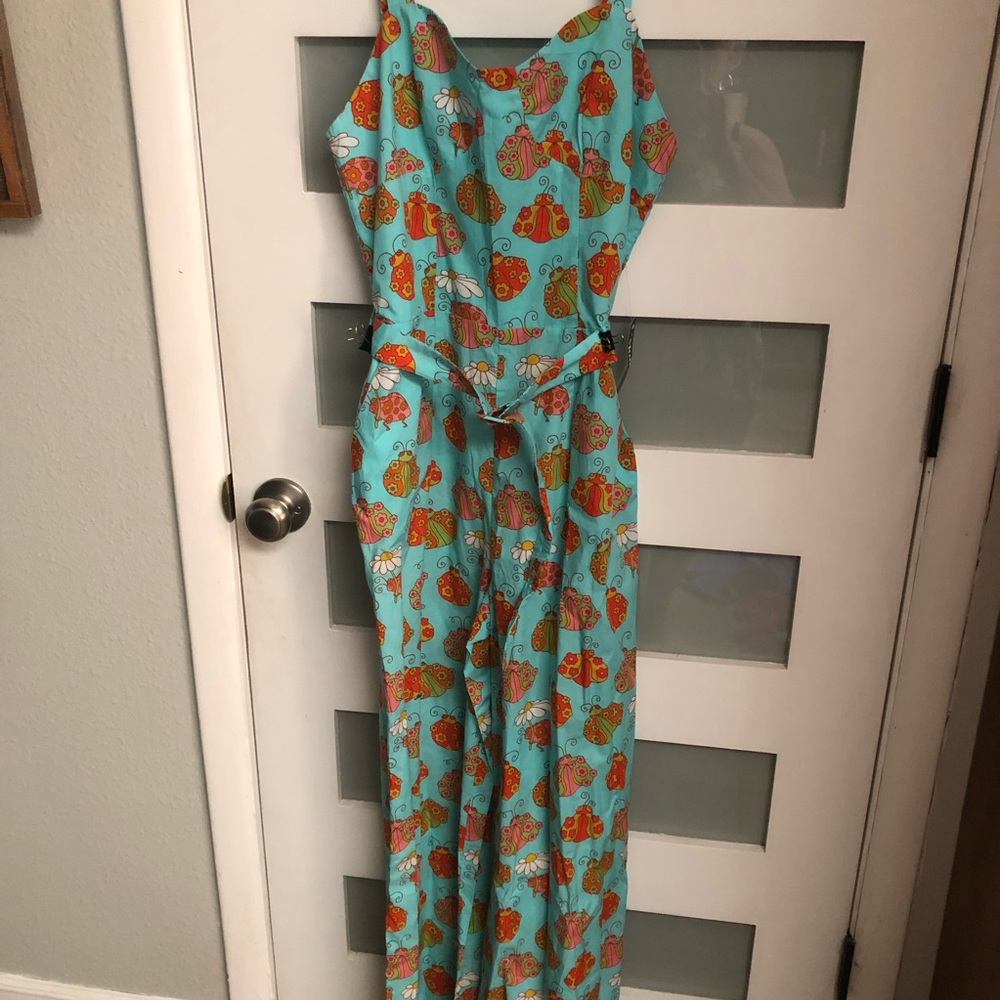 ModCloth Aqua Jumpsuit with Orange Floral Motif
